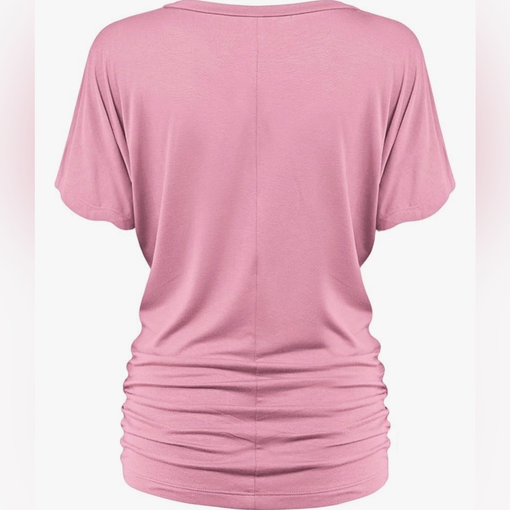 Solid Short Sleeve Boat Neck/V Neck Dolman Top T Shirt with Side Shirring - Picture 3 of 6